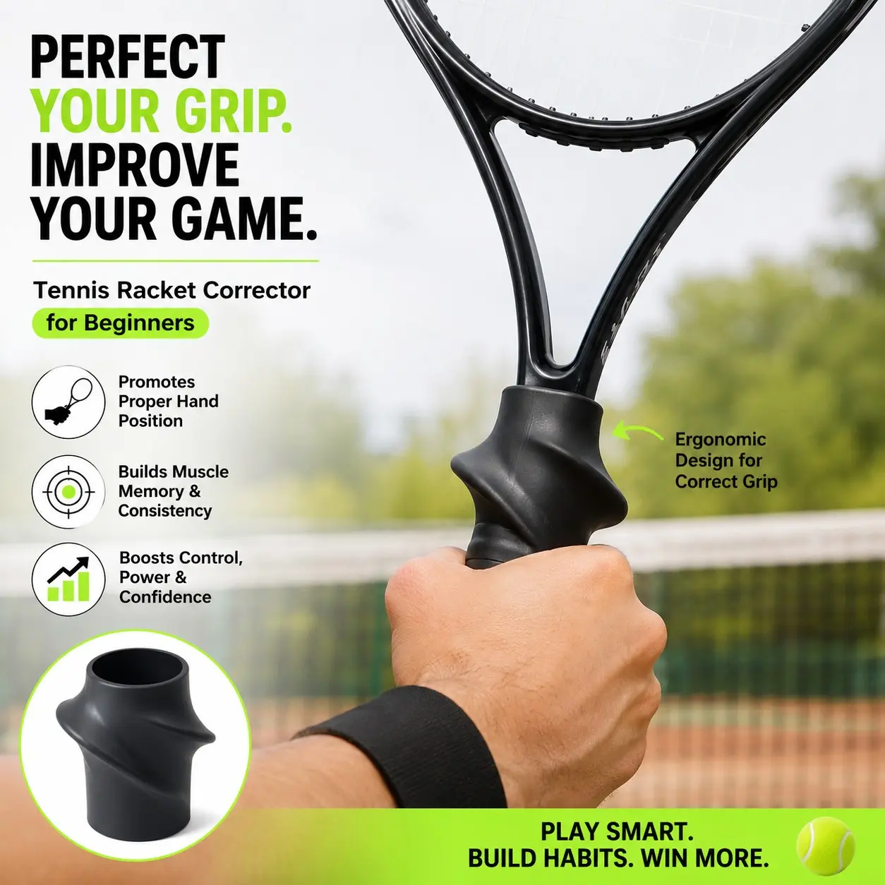 Tennis Racket Corrector for Beginners, Grip Correction Device, Proper Hand Position, Swing Trainer, Muscle Memory, Ergonomic Design, Essential Tennis Accessory, Improve Your Game Today