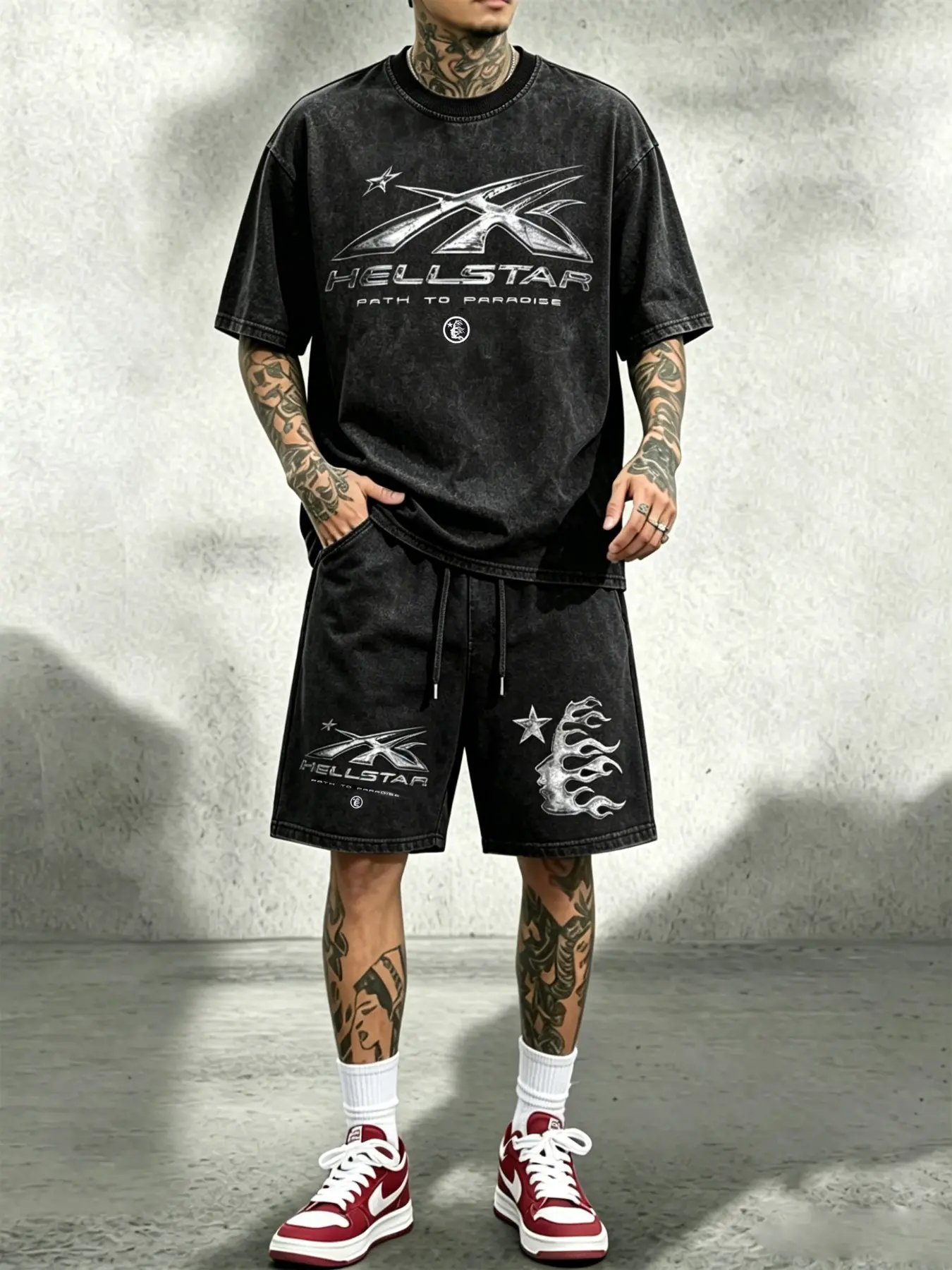 Men's Summer Fashion Set, Vintage Dark Street Style, Graphic Tie-Dye Letters Stars Fire, Short Sleeve T-Shirt and Shorts, Two-Piece