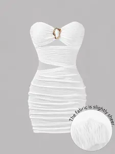 Summer Women's Sexy Slim Fit Bodycon Strapless Sleeveless Mini Dress with Metallic Metal Buckle, Bodycon Tube Dress, Fashion Minimalist Simple Casual Date Party Versatile Wear Womenswear