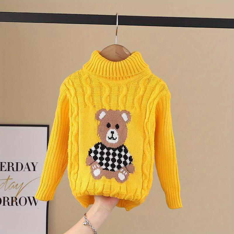 1pc Kids Cartoon Bear Turtleneck Sweater - 100% Acrylic Knit Fabric, Casual High Neck, Skinny Fit, Long Sleeve, Regular Length - Boys and Girls Fall/Winter Pullover Sweater