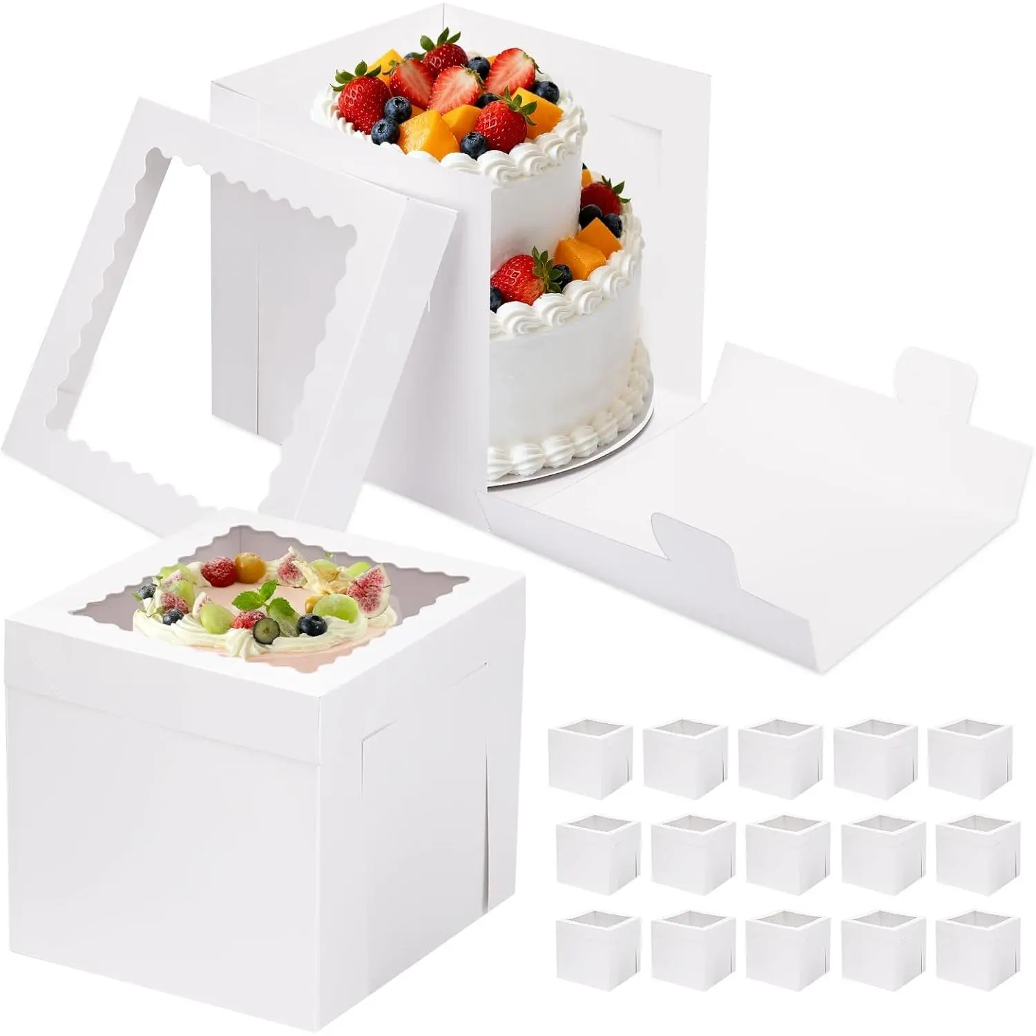 16-Count Tall White Square Bakeware Cake Boxes (10x10x10in) - 375gsm Smooth Cardboard, Pre-Folded Carrier, Transparent Lid, Easy Assembly, Fits <10in Desserts, Cupcakes, Cookies, Pies