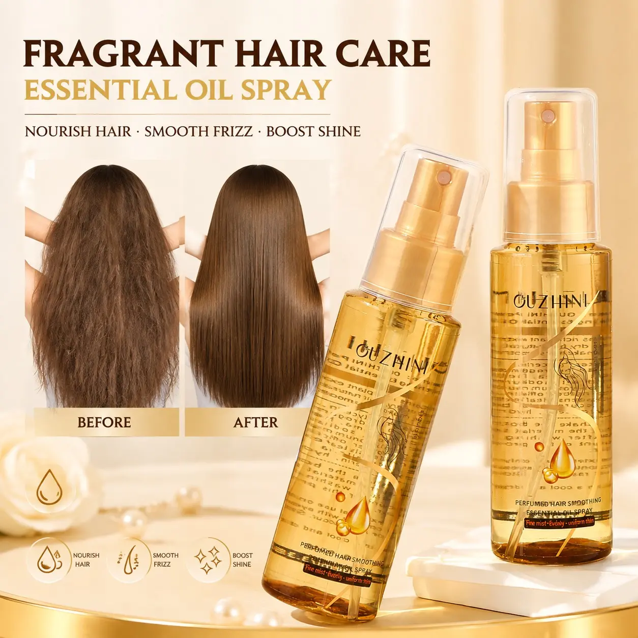 100ML Gold Scented Hair Essence Spray, Heat Protection, Anti-Tangle, Frizz Control, Deep Moisture, Shiny & Smooth Hair