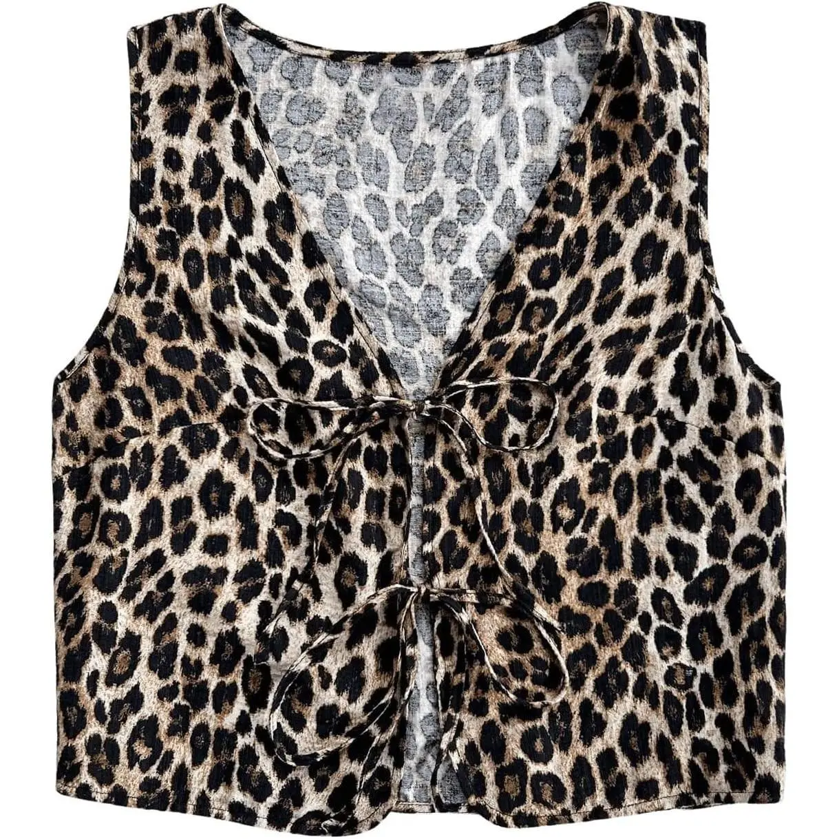 Women's Leopard Print Cheetah Bow Tie Front Sleeveless V Neck Crop Tank Top(Gift)