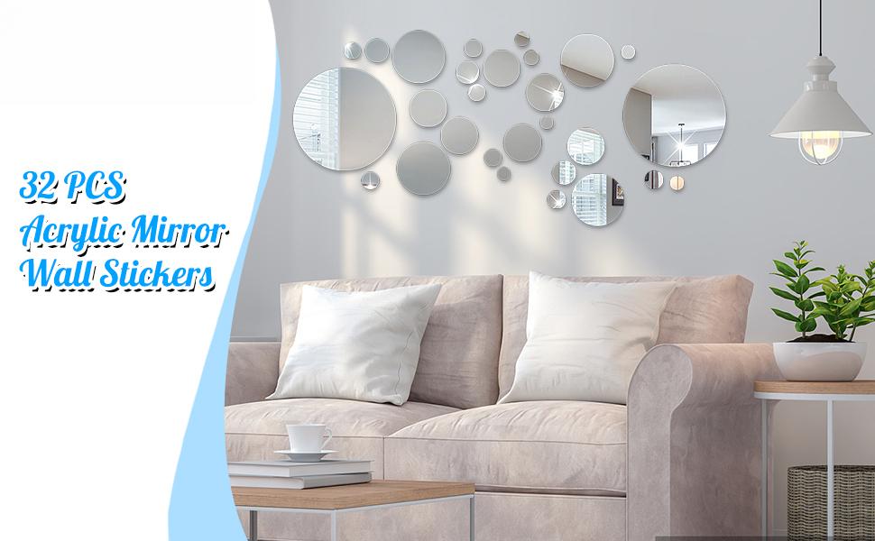 SITAKEYFMHK Must-have affordable home art decor!32-piece small round acrylic mirror wall sticker set, removable reusable mirror decals perfect for bedroom, living room, bathroom, ceiling and TV background wall decoration, clear reflective effect