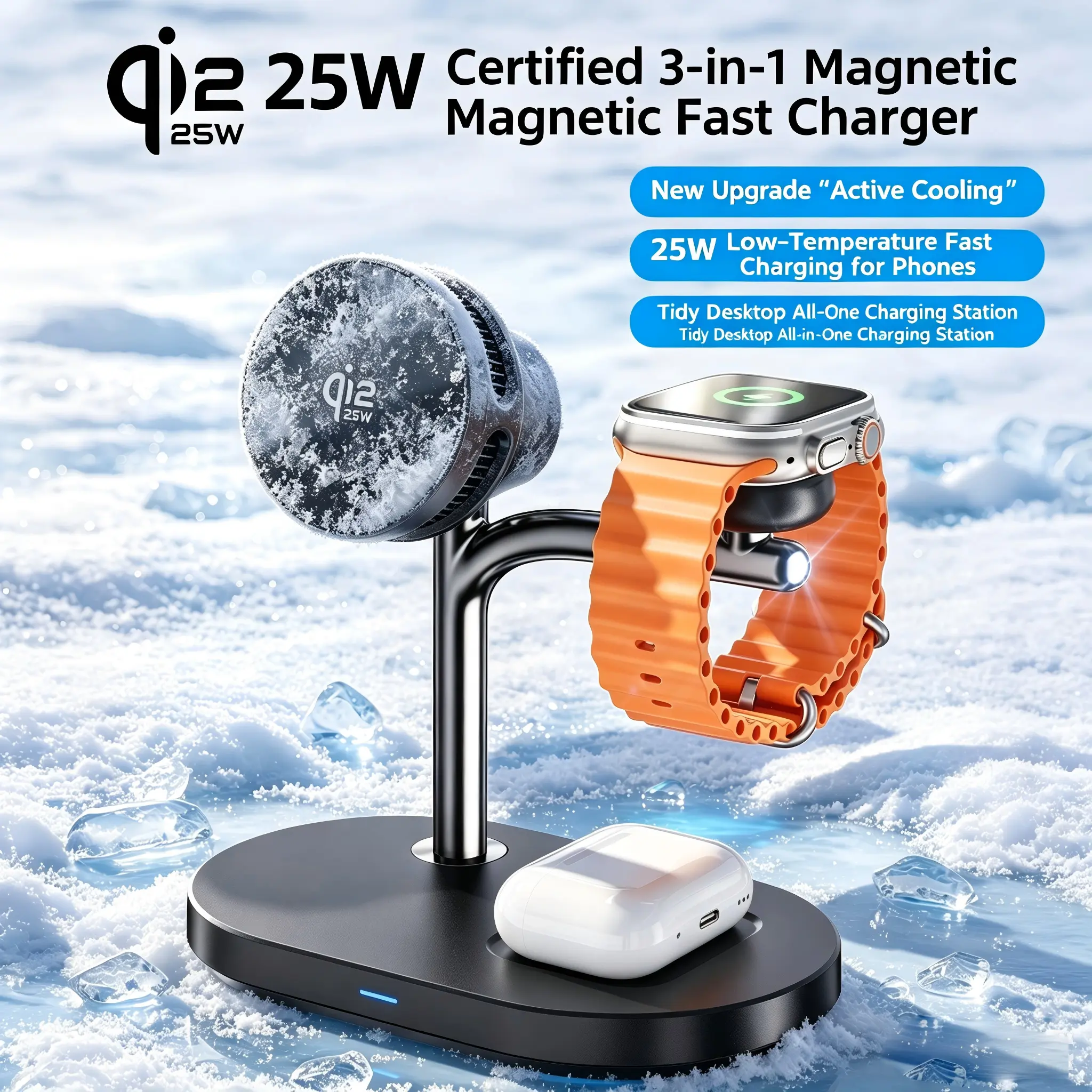 Qi2.2 25W 3 in 1 Fast Wireless Charging Station with TEC Active Cooling Mag-Safe Charger Stand,Magnetic Qi 2 Wireless Charger for iPhone 17-8,Galaxy S26/S25/S24,Apple/Samsung Watch,Pods/Buds(45W Included)