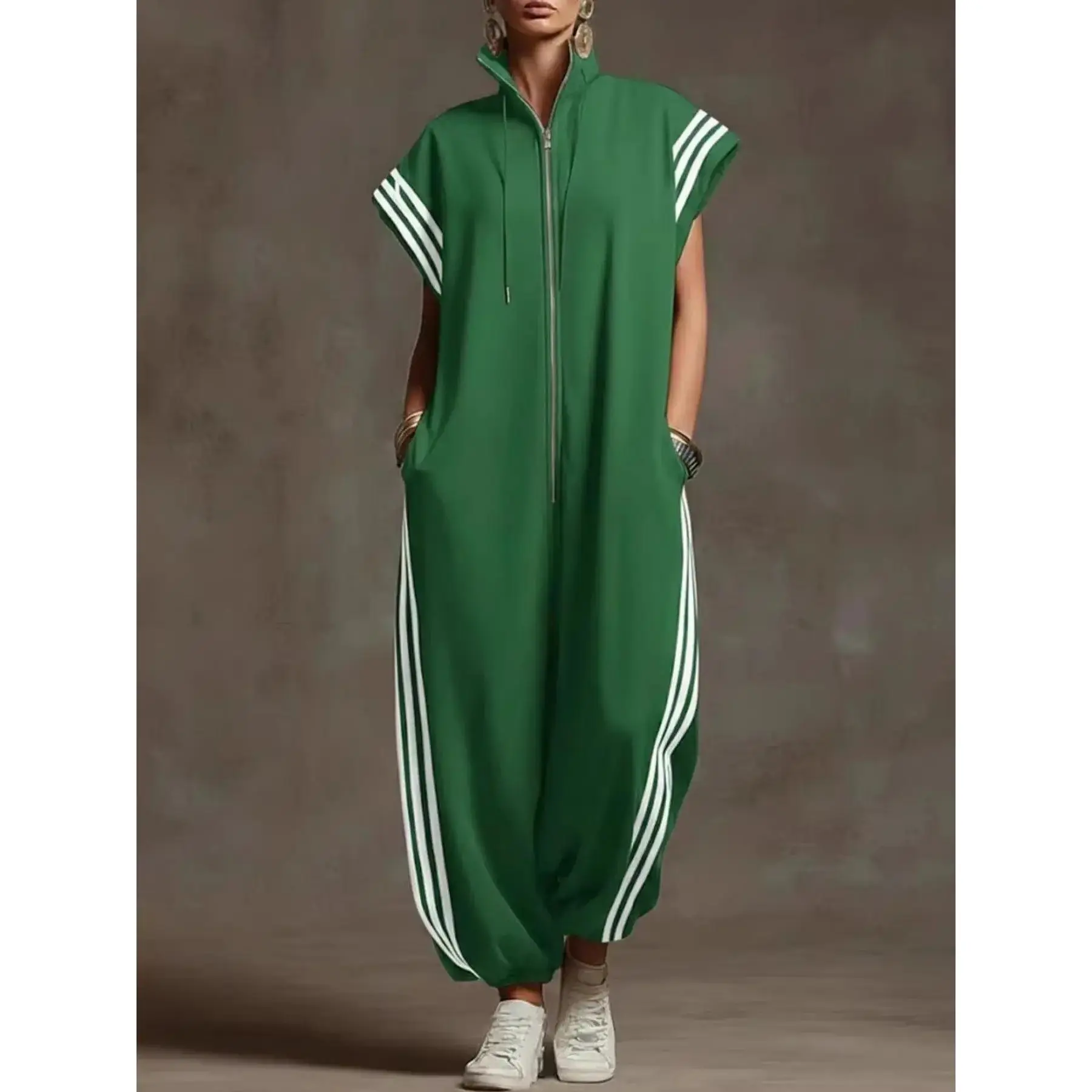Women's Casual Striped Overalls - Short Sleeve, Drop Waist, Soft Comfortable Fabric, Fashionable Vacation Style, All Seasons Wear, Machine Washable, Striped Look, Machine Wash