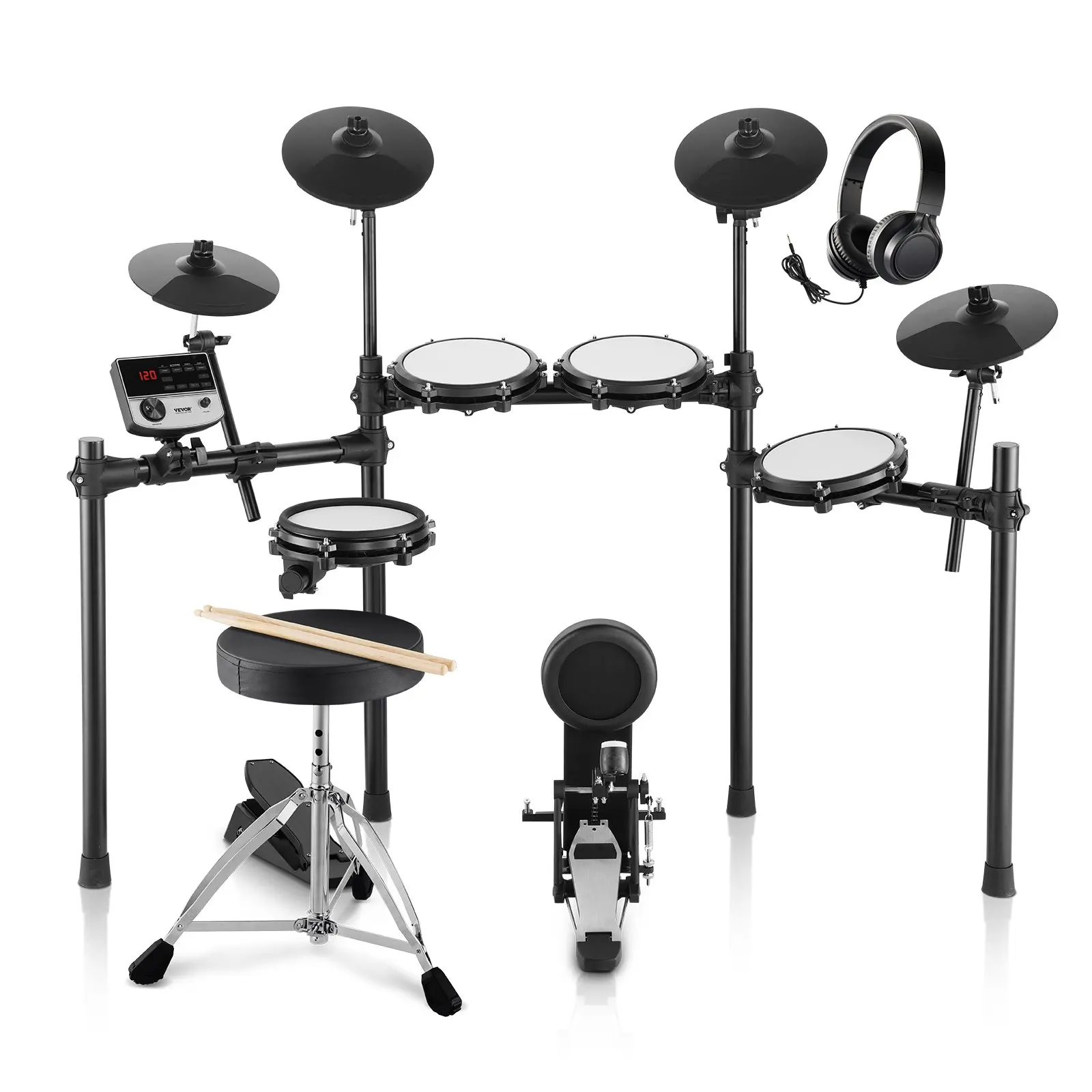 【toolupgrade】VEVOR Electric Drum Set, 32 Drum Kits 480 Sounds Electronic Drum Kit, USB MIDI Supported 8 in Quiet Mesh Snare Electric Drum Set with 10 in Cymbals Drum Sticks Headphone, for Beginners Adults
