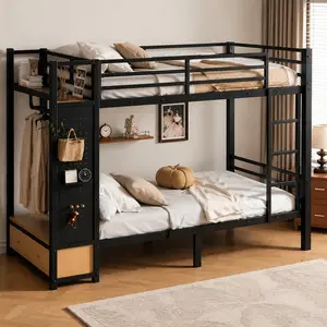 Twin XL Metal Bunk Bed with Storage Shelves, Drawers, Pegboard, Coat Rack & Headboard Shelf – Black MDF+Metal Frame, Space-Saving Multi-Functional Bed for Teens, Dorm Room, Small Apartment