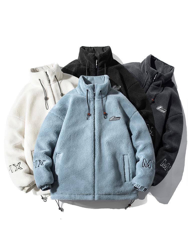 Men's stand collar lambskin embroidered warm cotton clothing Large loose casual fleece thick coat American street style letter embroidery fleece jacket