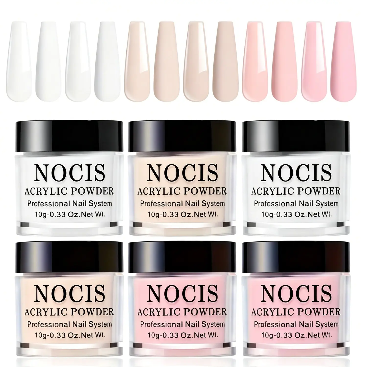 Nocis 6 Color Crystal Powder Set, Professional Nail Art Dip Powder, 10g Each, Neutral Nude Shades, Ideal for Nail Extensions and French Manicures, Acrylic Dipping Powder