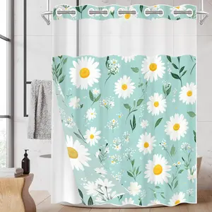 1pc hookless bathroom shower curtain with buckle lining, spring white and green daisy Flower floral design, 2D flat printing, fabric waterproof lining, see-through double shower curtain, 71 x 74 inches, modern home draping curtain