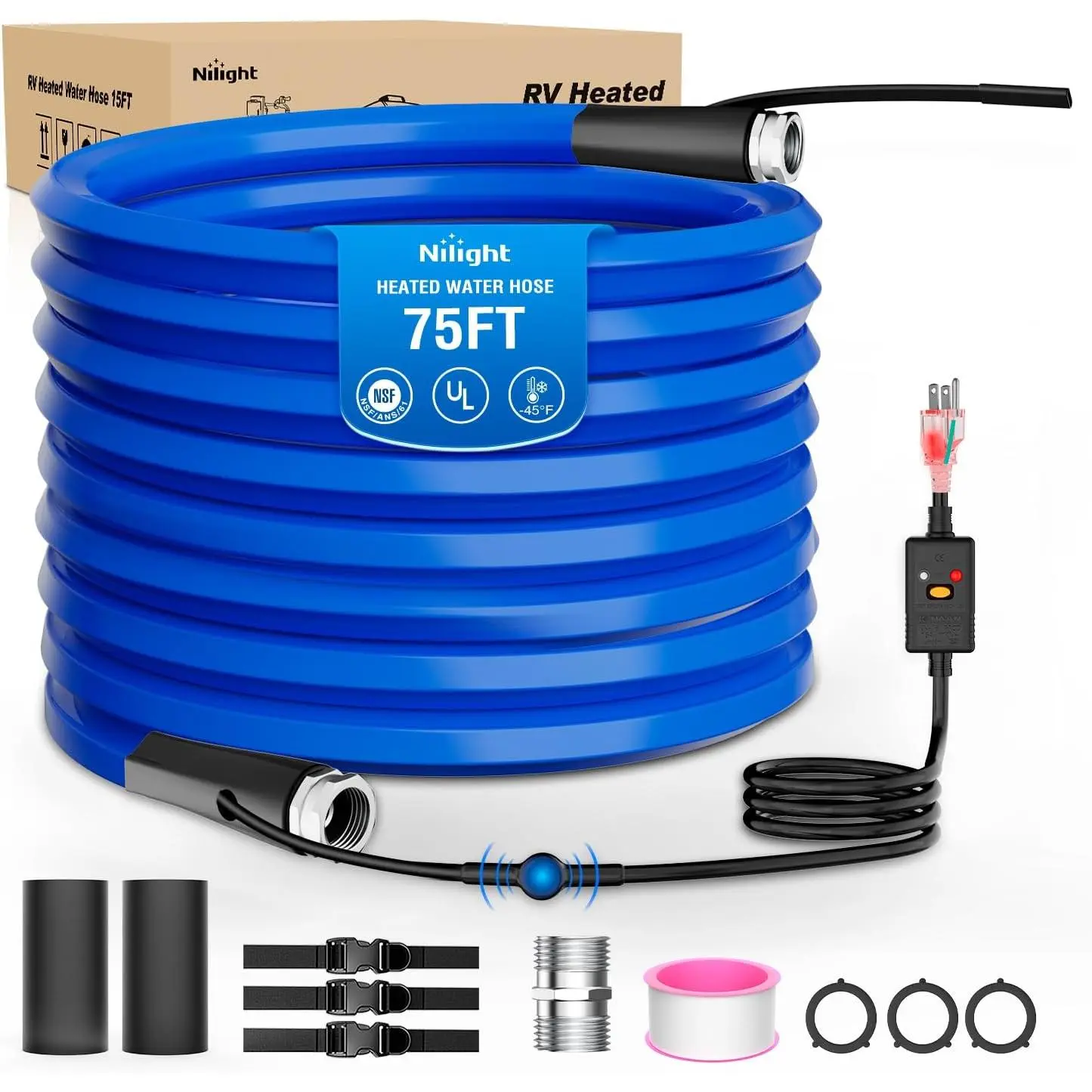 Nilight 75FT Heated Water Hose - 5/8”ID, -45°F Freeze Protection, BPA-Free, Energy-Saving Thermostat, Smart Heat System, GFCI Protection for RV Winter Camping, Gardening, Camper Supply Accessories