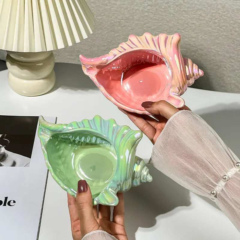 Handmade Ceramic Trinket Tray with Shell Starfish Conch Decor, Unique Jewelry Storage Dish for Bracelets Earrings Necklaces Candy, Decorative Coastal Home Ornament for Vanity Entryway