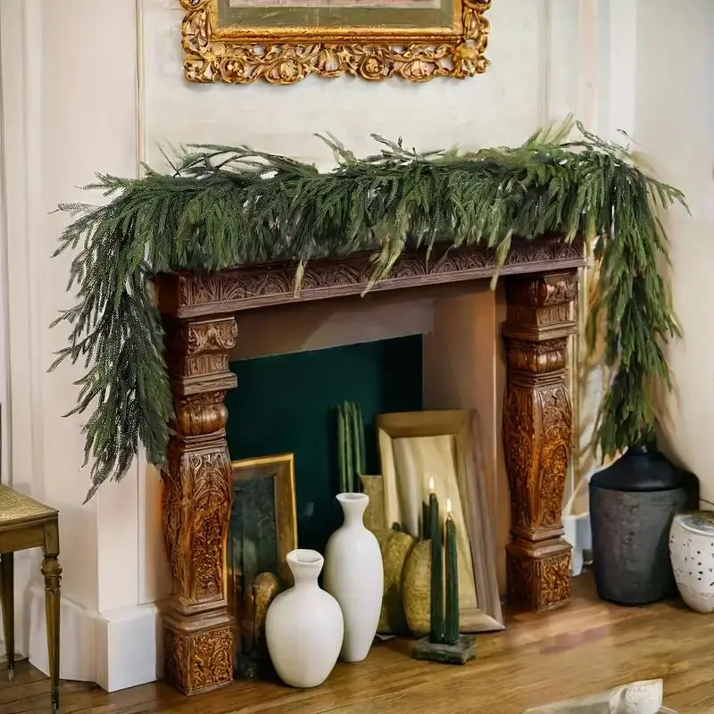 Decorative wreath made of artificial pine branches, suitable for Christmas holiday fireplace and window decoration, suitable for indoor and outdoor use