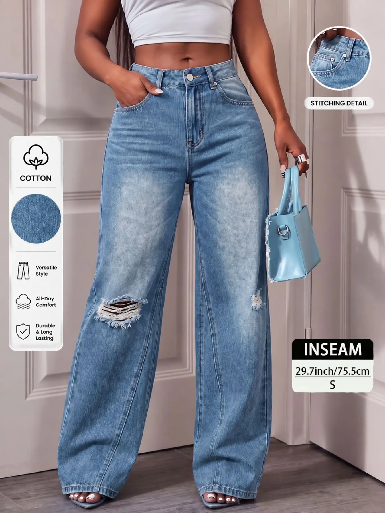 Trendy Latinx Street Style Slimming High Waist Denim Jeans for Women, Sexy Chic Pants, Elegant Casual All-Season Bottoms