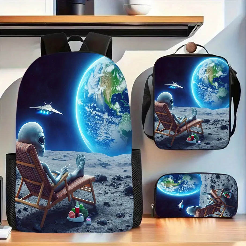 This 3-piece alien UFO-style backpack set features adjustable shoulder straps, polyester lining, zip closure, and hand washability. It's perfect for teenagers and young adults, with appliqué and printed details for travel. bookbag