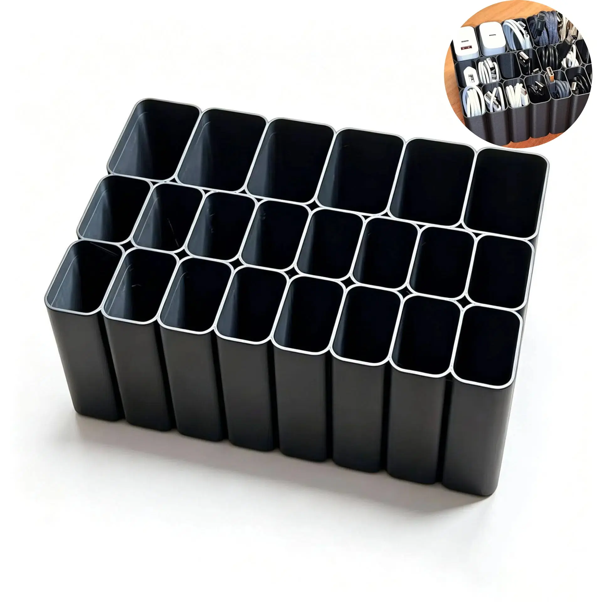 22-Compartment Heavy-Duty USB Cable Organizer Tray, Desktop Cable Management Box, Plastic Material, Essential Office & Home Storage Tool, Charging Cord Organizer