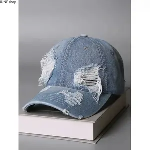 Baseball Cap, Vintage Washed Ripped Distressed Denim Dad Hat, Adjustable Unisex Streetwear Snapback Headwear, Classic Curved Brim Casual Accessory, Suitable for Daily Outdoor Activities, Street Style Outfits And Handbag Decor Pieces