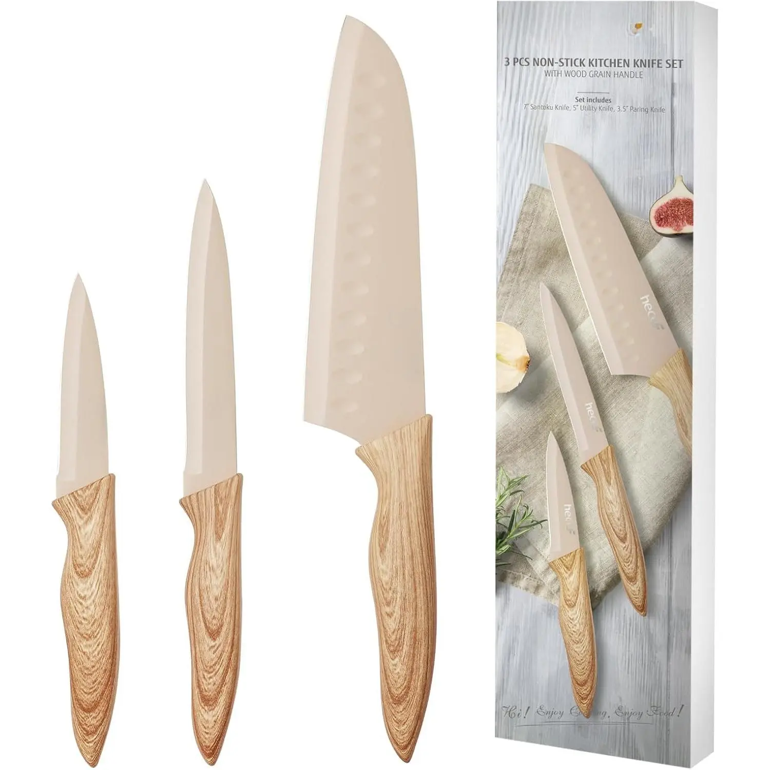 Set of 3, Stainless Steel  with Non-stick Coating,  Kitchen  Includes Santoku, Utility, Paring