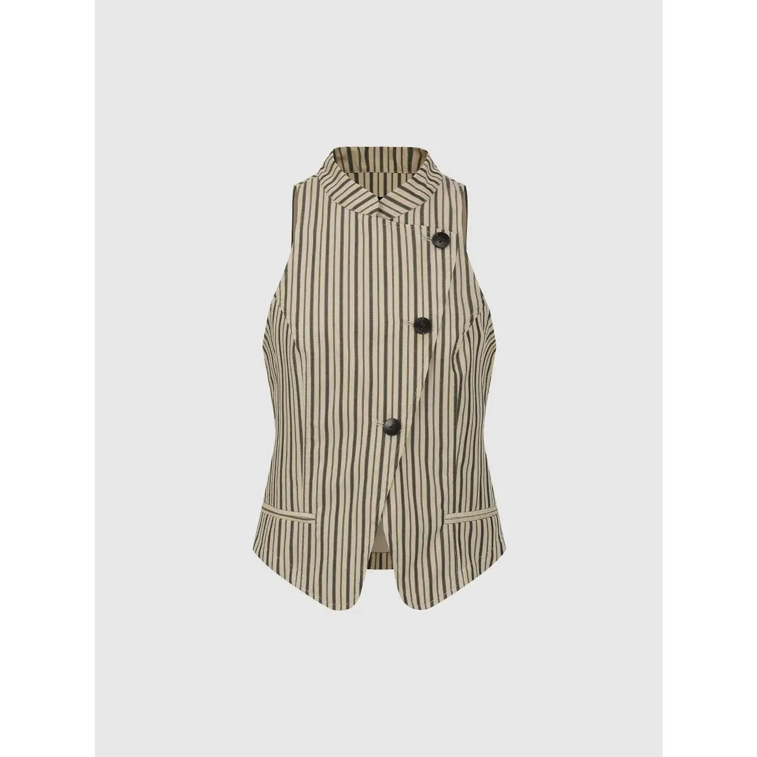 URBAN REVIVO Women's Lightweight Sleeveless Vertical Striped Cotton Vest with Asymmetric Placket, Smooth, Polyester, Knitwear, Blouses