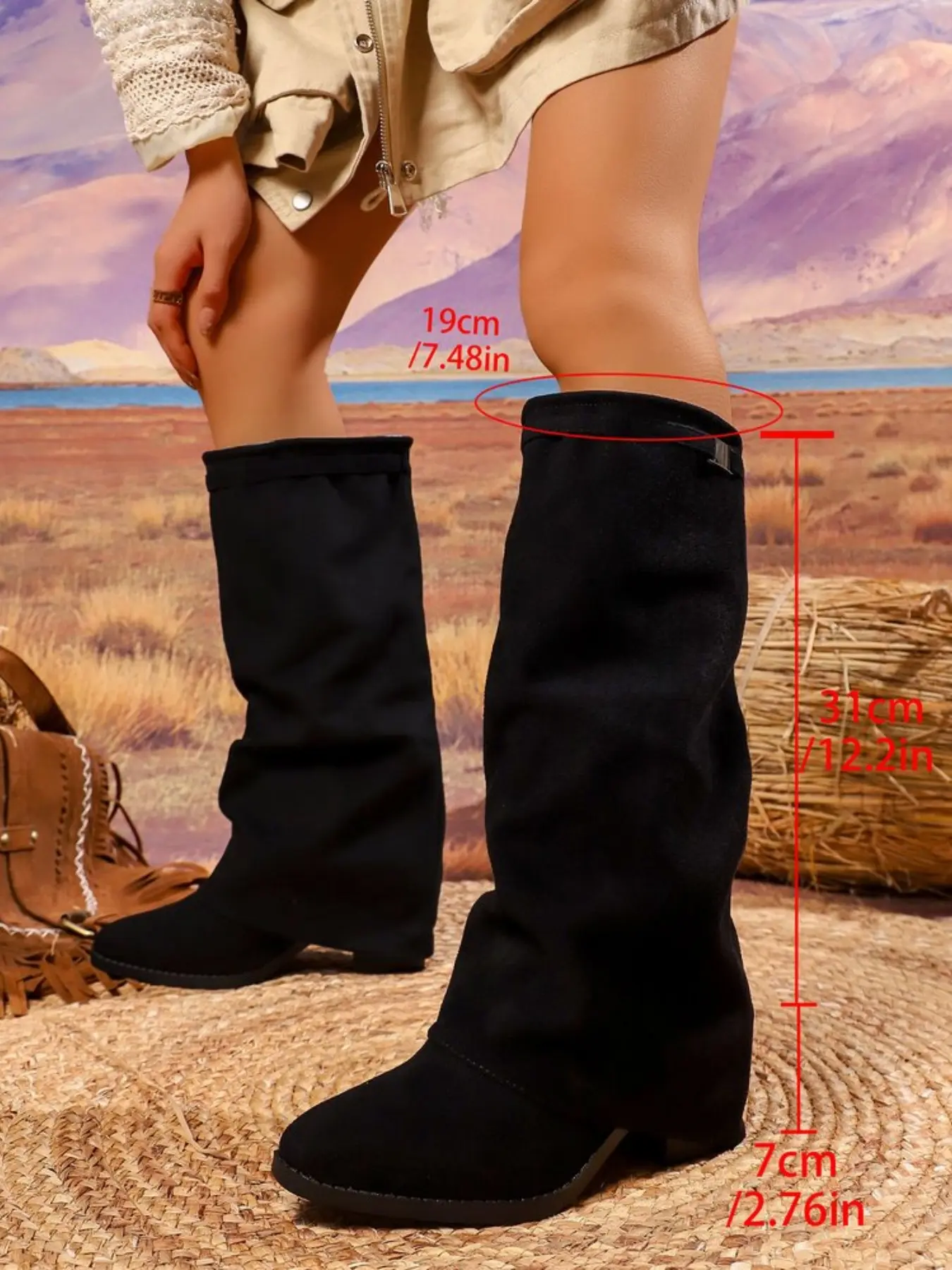 Bohemian Western Cowboy Boots, Vintage Fold-Over Tall Boots, Faux Suede Music Festival Casual Shoes, Buckle Bohemian Mid-Calf Boots, Cowboy Style Boots