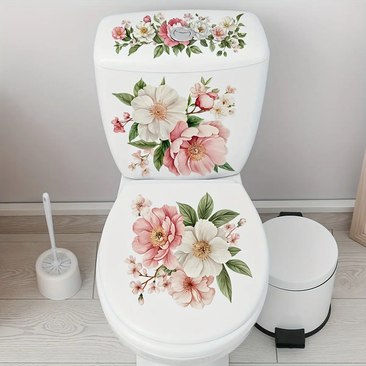 3 Piece Floral Toilet Stickers Set, Removable Self-Adhesive Decorative Stickers for Bathroom Toilet Tank and Lid, Warm and Cozy Design, Restroom Accessories, Bathroom Accessory