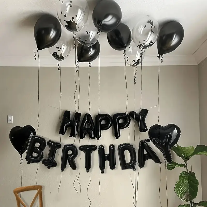 32-Piece Pack of Black Happy Birthday Balloons and Number/Letter Banners - 3D Foil Balloon Decorations with Black and Colorful Elements, Suitable for Birthday Party Decorations