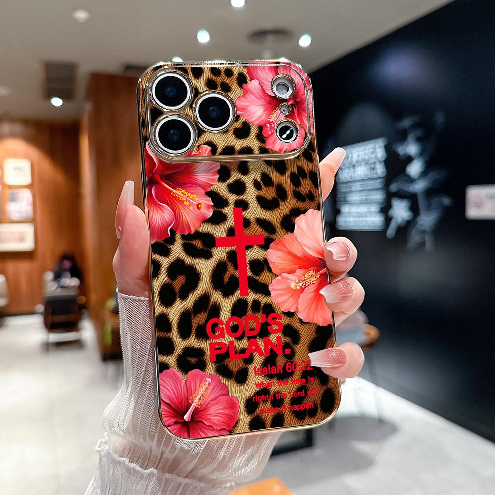 Leopard print and GOD'S PLAN lsaiah 60:22 Pattern Shockproof Phone Case for iPhone 17 Pro Max Air 16 15 14 13 12 11 Plus  Gold electroplated edge texture Full-lens protection Protecitved Cover