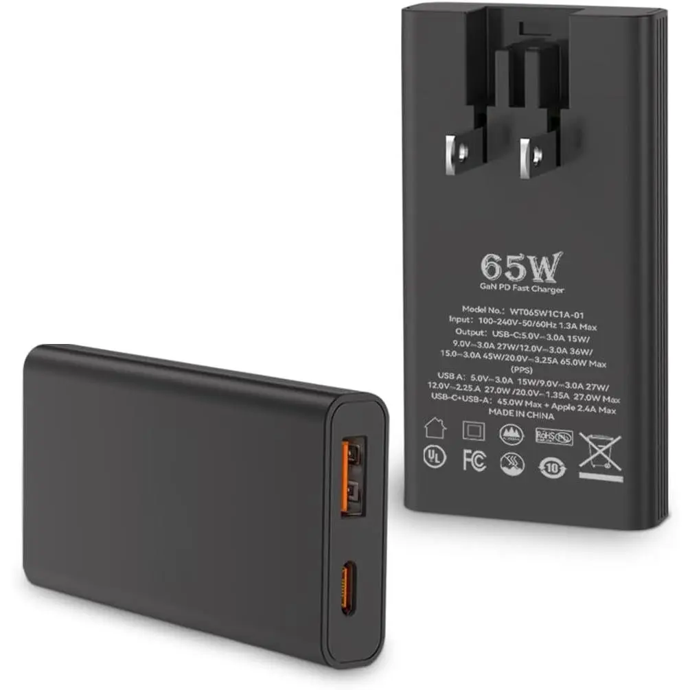 65W Ultra Slim USB C Charger, -Port GaN Wall Adapter,   for  16/15 Pro Max, Galaxy, Black