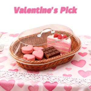 rattan bread basket with acrylic dust cover, durable washable food tray for desserts & fruit, food storage container for kitchen, picnic & home display, kitchen gadget