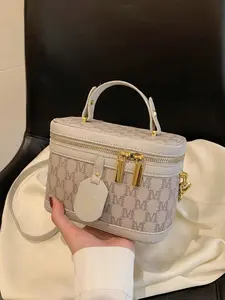 Retro Classic Monogram Design with Light Gray PU Leather Trim Mini Box Shoulder Purse, Mini Top Handle Square Crossbody Bag, M letter All Over Print Casual Bucket Handbag with Dual Zipper, All Seasons Bag for Women, Suitable for Daily Use, Commuting
