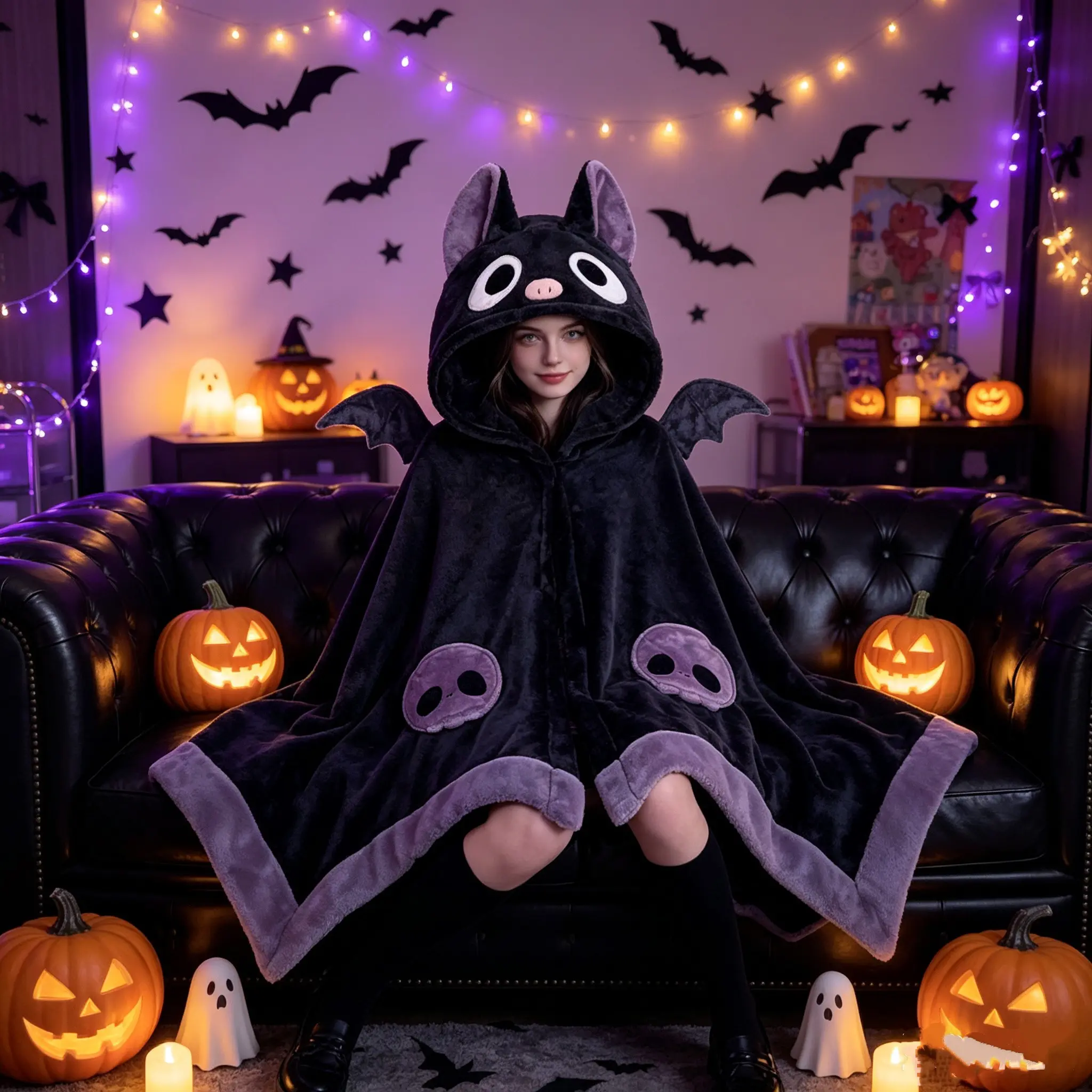 Halloween Unisex Wearable Blanket Bat Hooded Cape, Extra Large Bat Sleeve Plush Thick Cape, One Size Fits All, Perfect Halloween Gift