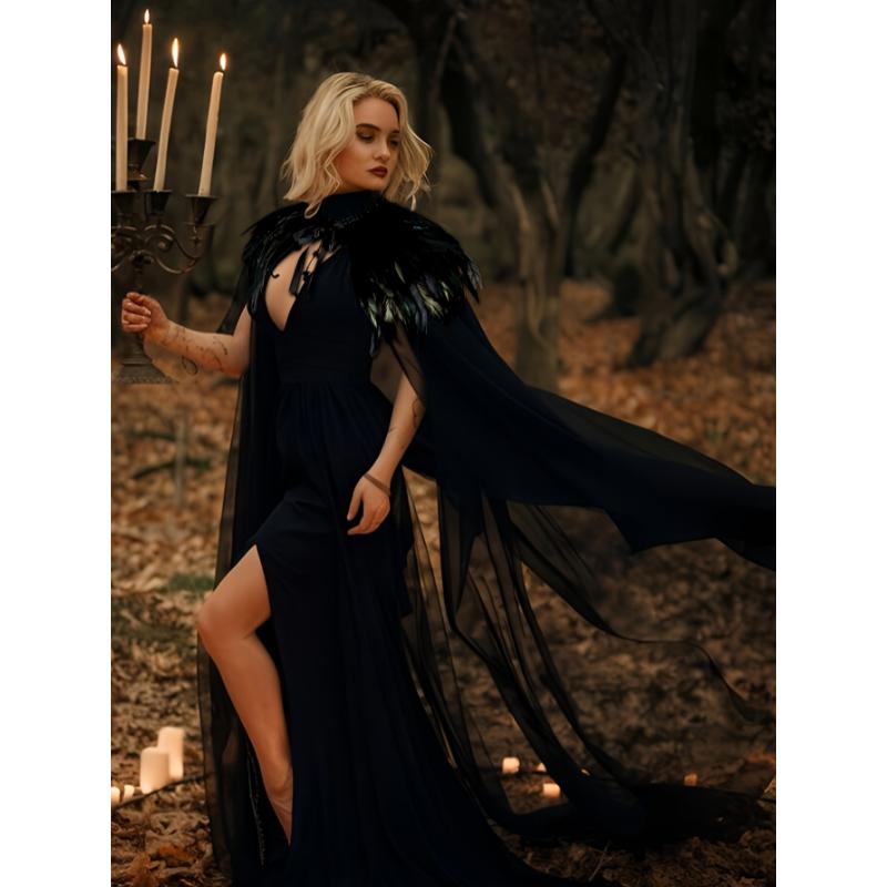 Evil Queen Vampire Witch Cosplay Costume - Women's Feather Collar Cloak Cape - Medieval Dark Princess Halloween Costume for Women Womenswear Clothing
