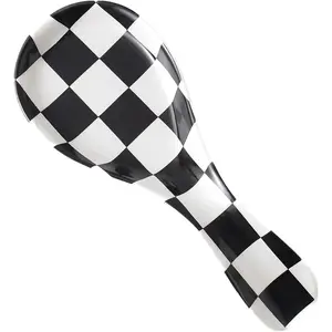 Ceramic Spoon Rest for Stove Top, Checkered Spoon Holder Utensil Rest, Cute Spoon Rests for Coffee Bar (Black)