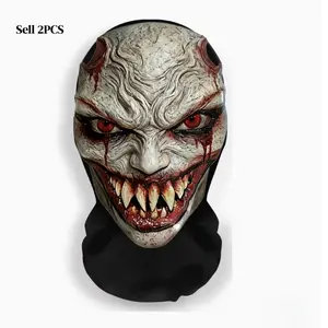2pcs Red-Eyed Blood Fang Net Sand Full Face Mask, Hyper Realistic Mask, Thin Breathable Skull Head Cover, Halloween Costume Prop, halloween decoration，Halloween Cosplay Costume Party Decor Prop