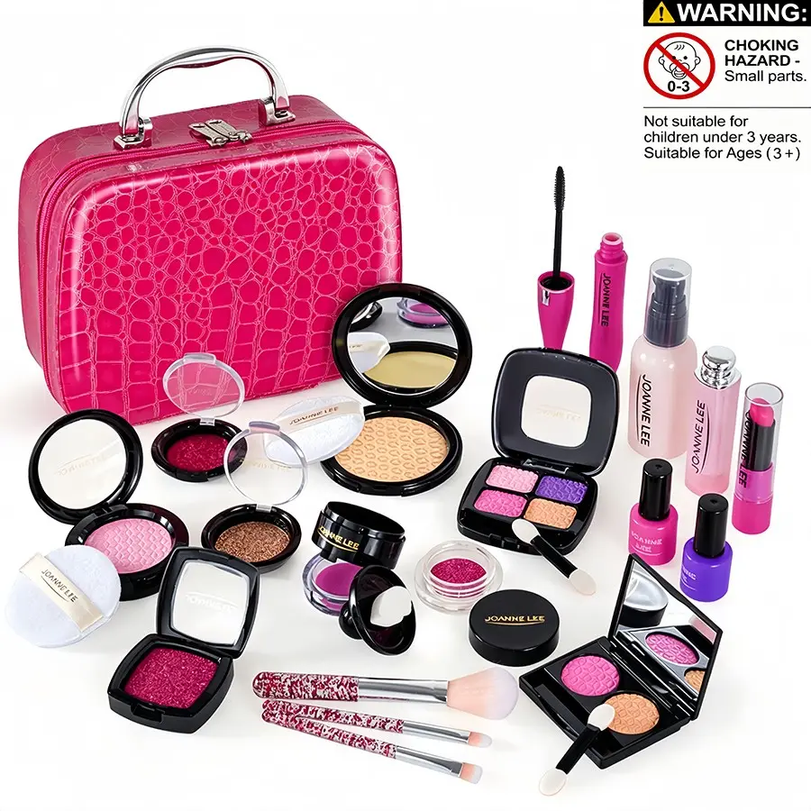 Pretend Makeup Toy Set for Girls Fake Cosmetic Kit With Portable Beauty Case Kids Role Play Pretend Play Item Birthday Gift