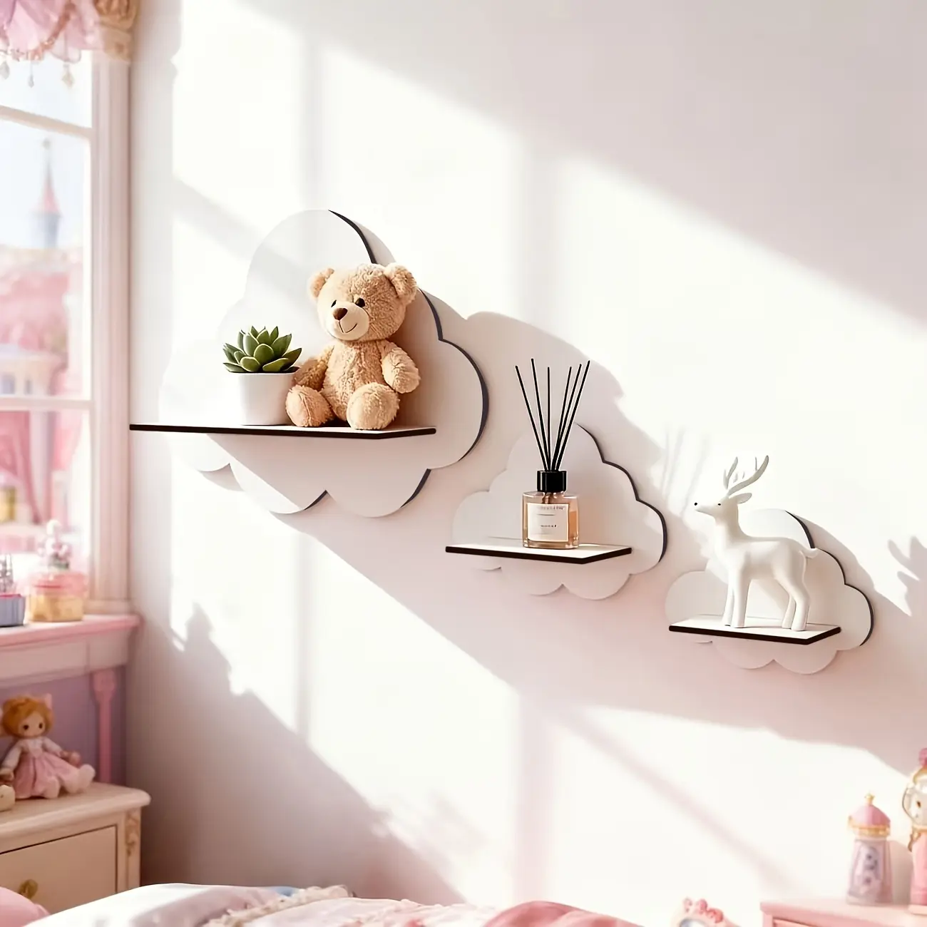 3 Pieces Cute White Cloud Floating Wall Storage Racks, Crystal Display Shelves, Decoration for Bedroom, Living Room and Bathroom, Wall Mounted Organizer