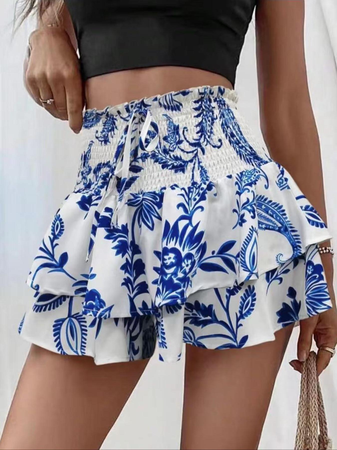 Women's Floral Print Woven Frill Trim Shirred Tiered Layer Shorts, Casual Loose High Waist Tie Front Drawstring Wide Leg Shorts for Spring & Fall, Women's Bottoms for Daily Wear