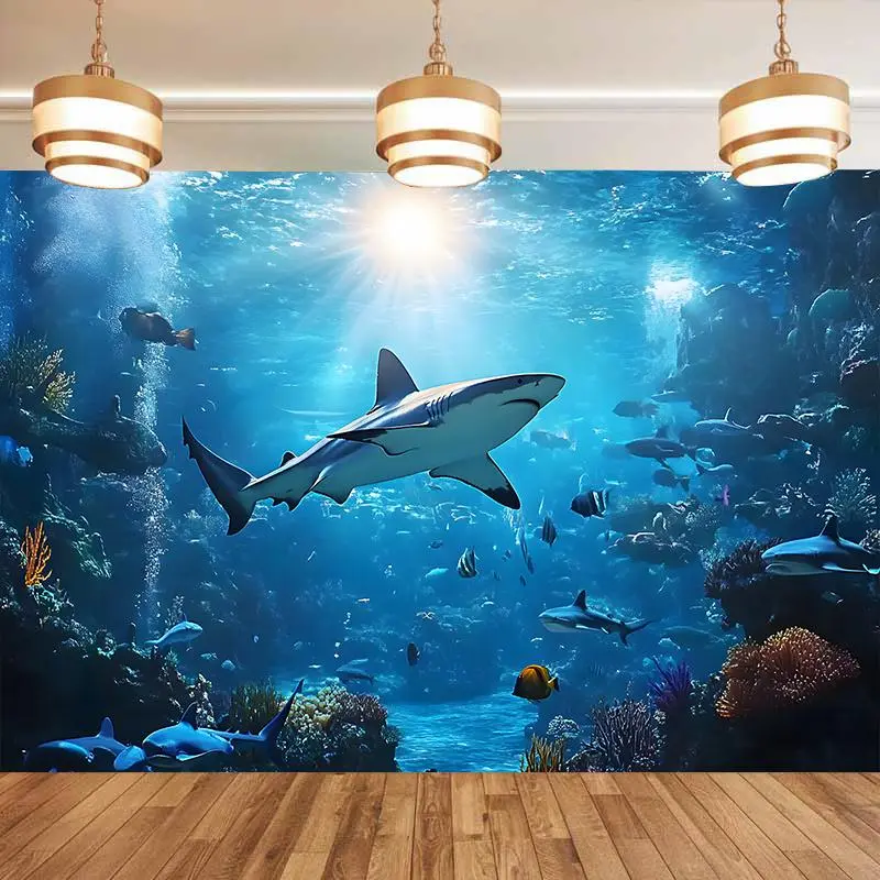 Ocean Underwater Shark Coral Fish Tapestry Marine Sea Scene Wall Hanging Decor Backdrop
