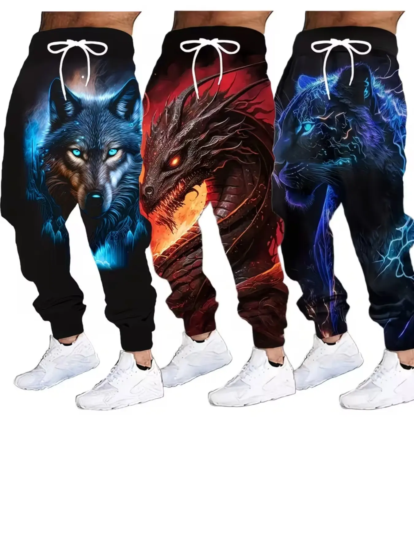 Men's Wolf Pattern Sweatpants, Casual Loose-Fit Drawstring Pants, Polyester Material, Fall & Winter Outdoor Wear, 3-Pack Set