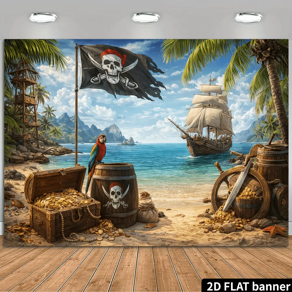 Vintage Pirate Ship & Beach Backdrop Tapestry - Polyester Hanging Decoration for Themed Parties, Man Cave Room Decor, Halloween Photography