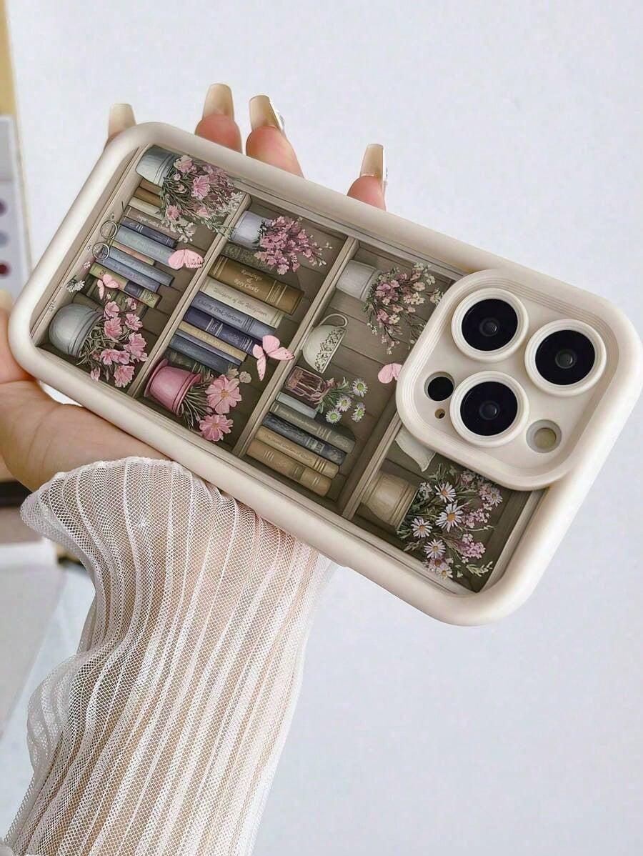 Bookshelf & Flower Pattern Painted Grooves Soft Shell Case Compatible With IPhone 16/15/XR/7P8P/P12ProMax/P13ProMax/P14ProMax/P13/P14/P11/P12/P14, XS/S/XSMAX/78, Cute & Fashionable Thick Phone Protective Cover