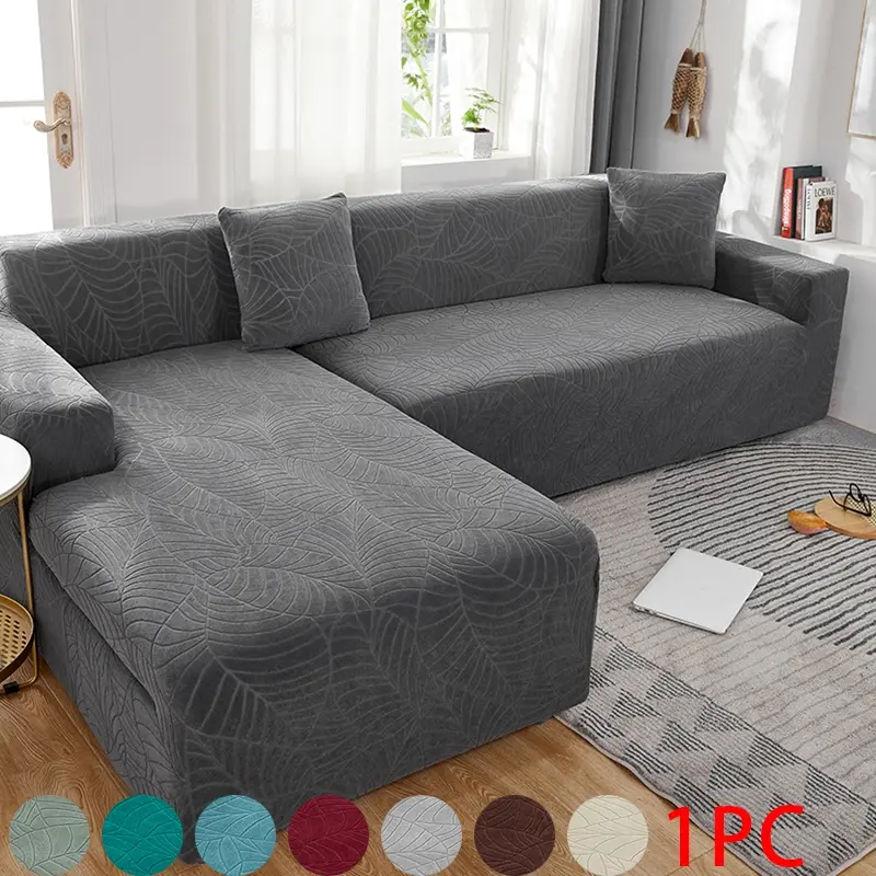 Thick Leaf Jacquard Stretch L-Shaped Sofa Cover, Full-wrap Universal Waterproof Non-slip, Cat Scratch Resistant, Dark Gray All-season Living Room Sofa Dust Slipcover, Stretchable Sofa Cover