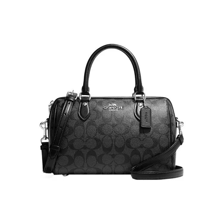 COACH Rowan 25 Classic Monogram Zip Top Handle and Crossbody Briefcase Bag for Women, Leather-Trimmed Coated Canvas, Black