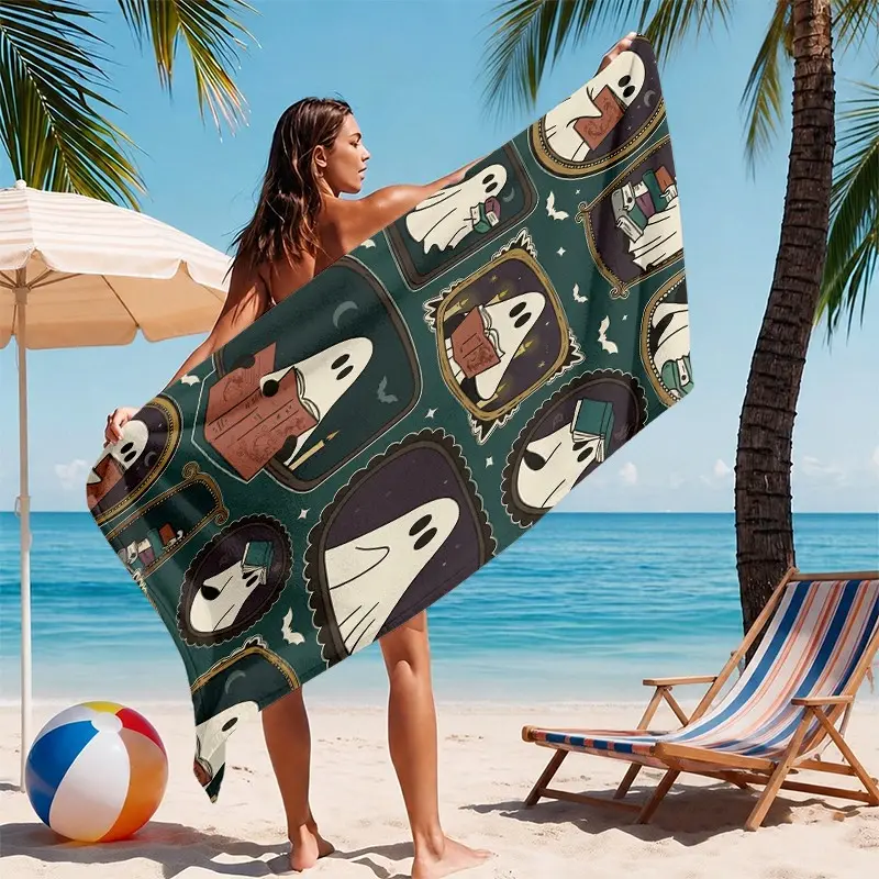 Halloween Ghost Theme Beach Towel, Cute Monster Design, Vintage Pattern, Absorbent, Non-Sticky, Ideal for Parties, Travel, Pool, Outdoor Activities