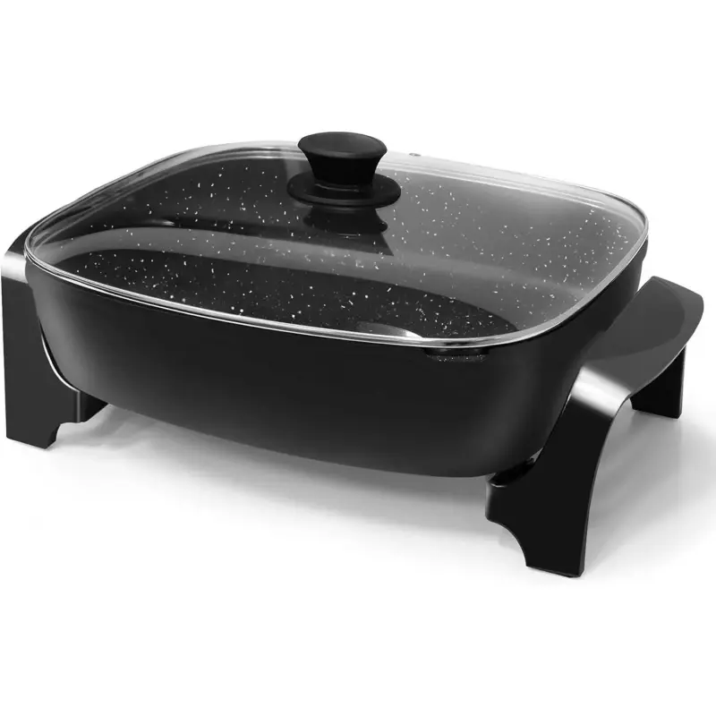 16"x13"x3.2" Non-Stick Electric Skillet, 10.5Qt Deep Aluminum Alloy Cook Pan with Glass Vented Lid, Scratch-Resist Coat, Even M-Heat Plate, Easy-Pour Spout, Dishwasher-Safe, Adjustable Temperature, Black for Family Meals