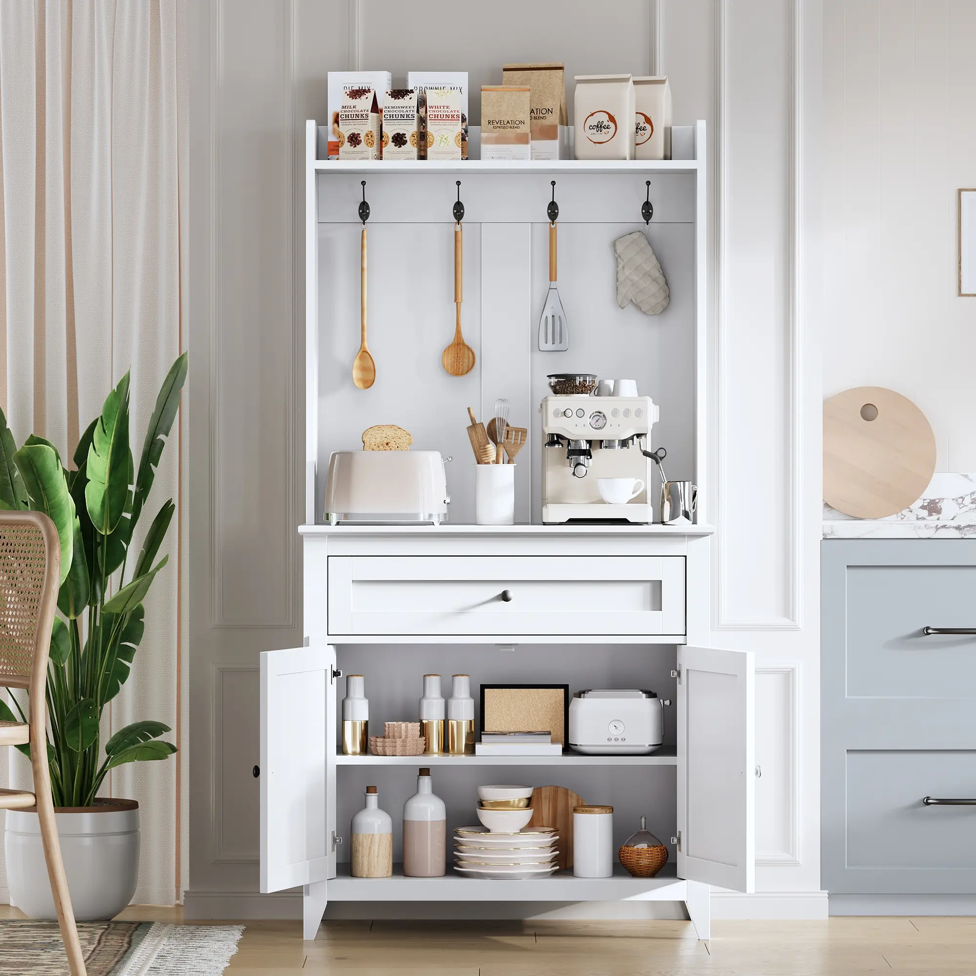 Modern Sideboard Buffet Cabinet – 4 Hooks & Drawer & Adjustable Shelves – Spacious 63'' Storage Organizer for Kitchen, Dining Room, Living Room, Coffee Bar