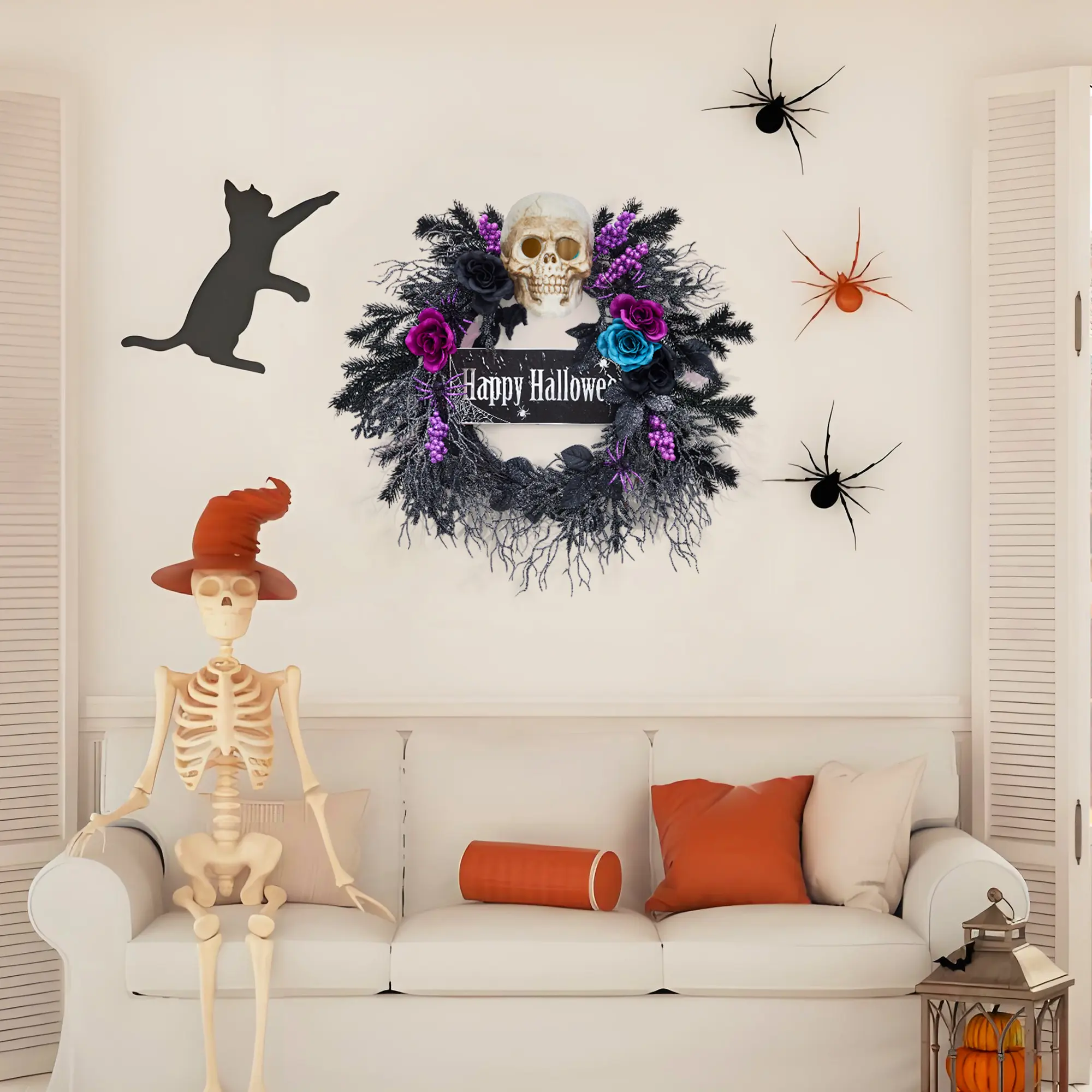 22-Inch Lightweight PVC Skull Circle Wreath with Purple Flowers - Gothic Halloween Door Decoration, Purple, One Size, Pack