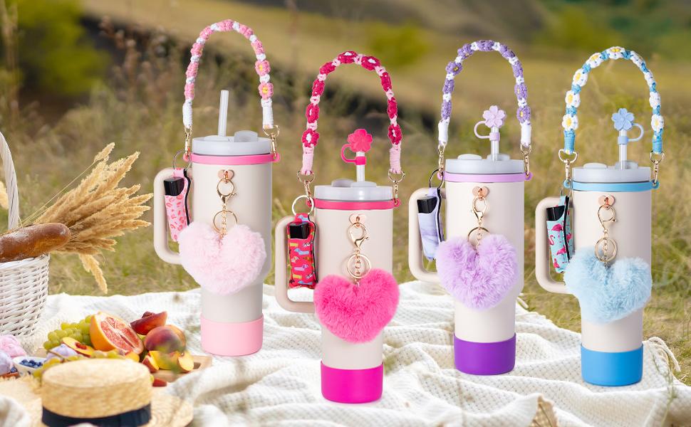 Cup AccessoriesI Bottle Handle Carrier Strap,Silicone Cup Boot, Lipstick Holder, Straw Topper & Spill Stopper Cute Decorative Charms, Accessories for Cup 40oz/30oz Decor