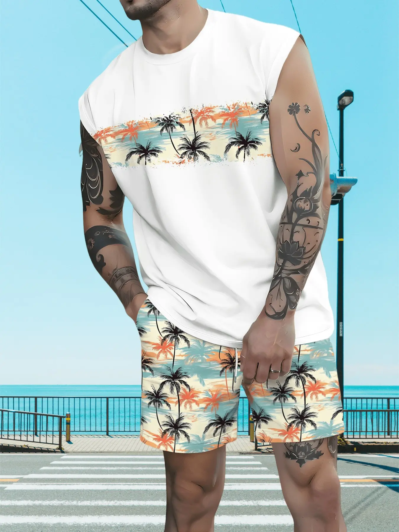 Men's Tropical Palm Tree Print Sleeveless Tank Top & Drawstring Shorts Set Summer Beach Casual Two Piece Outfit Streetwear Co Ord Set